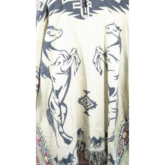 Hooded Poncho Horse Western Reversible Wool Alpaca Boho Hippie Cowboy Lagenlook - Picture 10 of 12